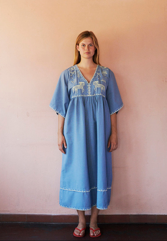 Polly Embroidery Dress 3/4 Sleeve Sea