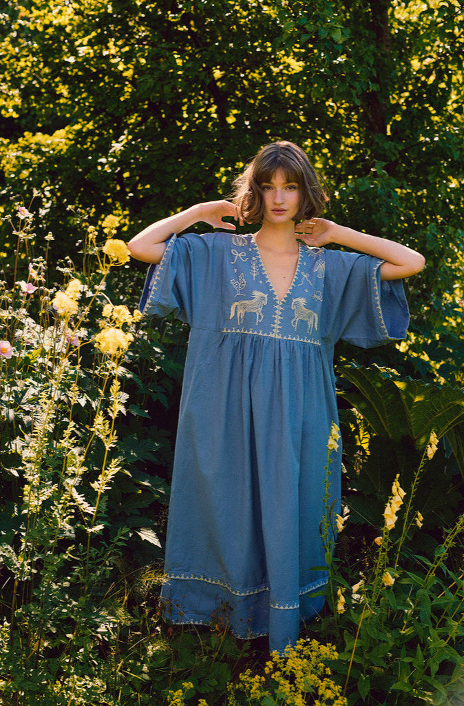 Polly Embroidery Dress 3/4 Sleeve Sea